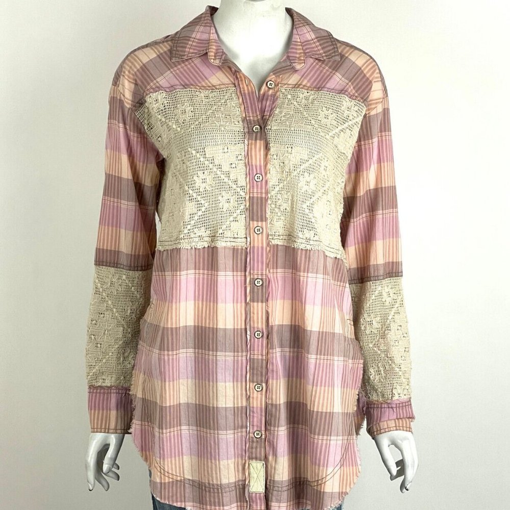 Free People We The Free Plaid Crochet Buttondown Shirt Top